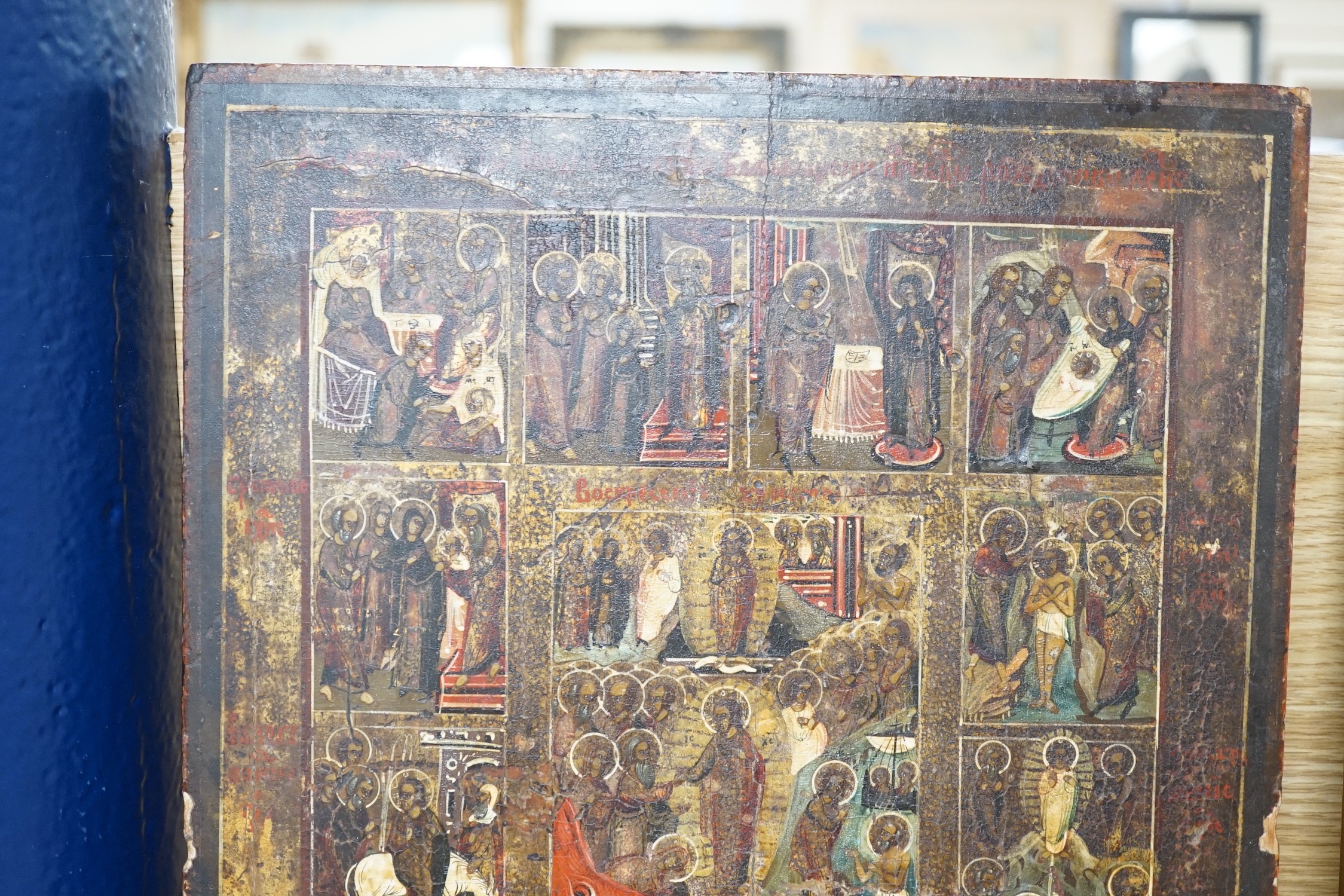 19th century Eastern European School, tempera on wooden panel, Icon with scenes from the Life of Christ, 35 x 30cm